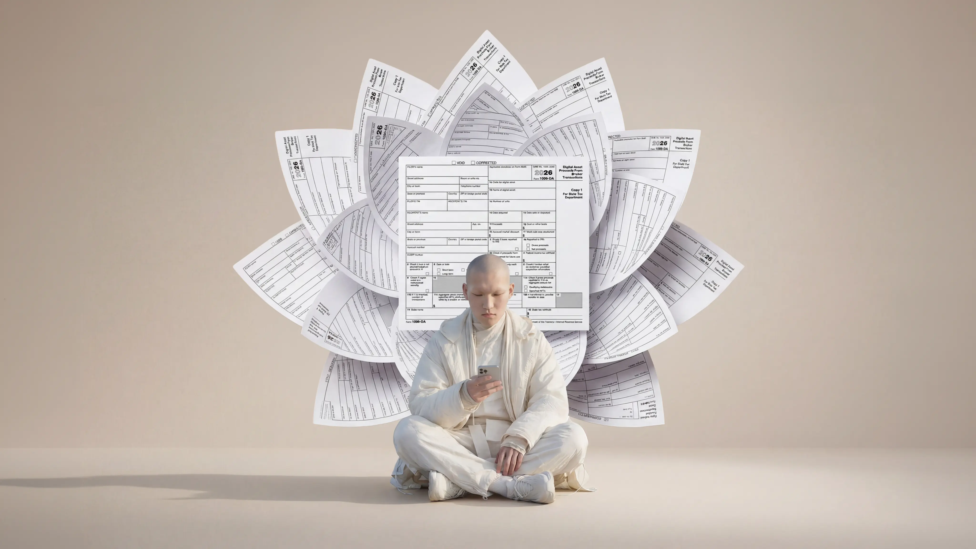 Futuristic abstract design with layered panels, floating shapes, and a figure interacting with a glowing interface